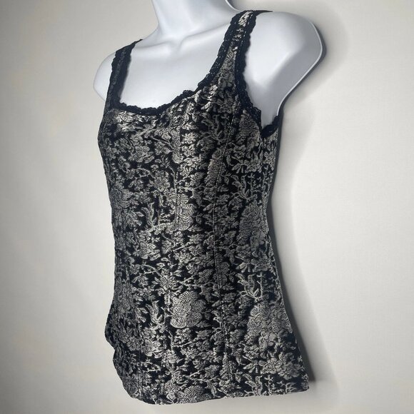 Vintage Y2K Cache Cami Camisole Tank Top Size S Black Silver Knit Floral Brocade - Picture 7 of 8